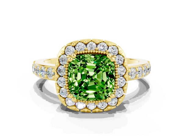 Yellow gold Cushion Cut Peridot Halo Ring with Pavé Band and Prong Setting