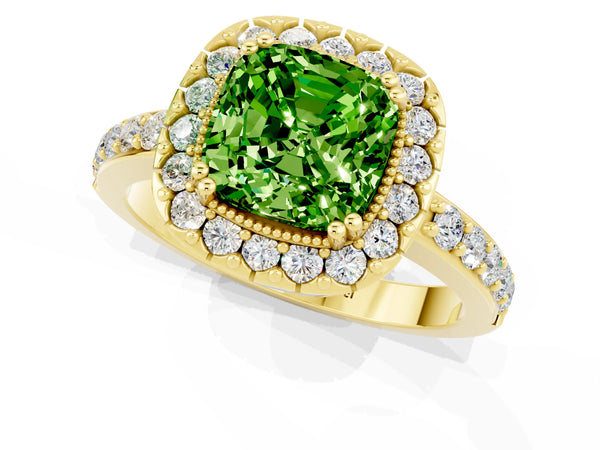 Yellow gold Cushion Cut Peridot Halo Ring with Pavé Band and Prong Setting
