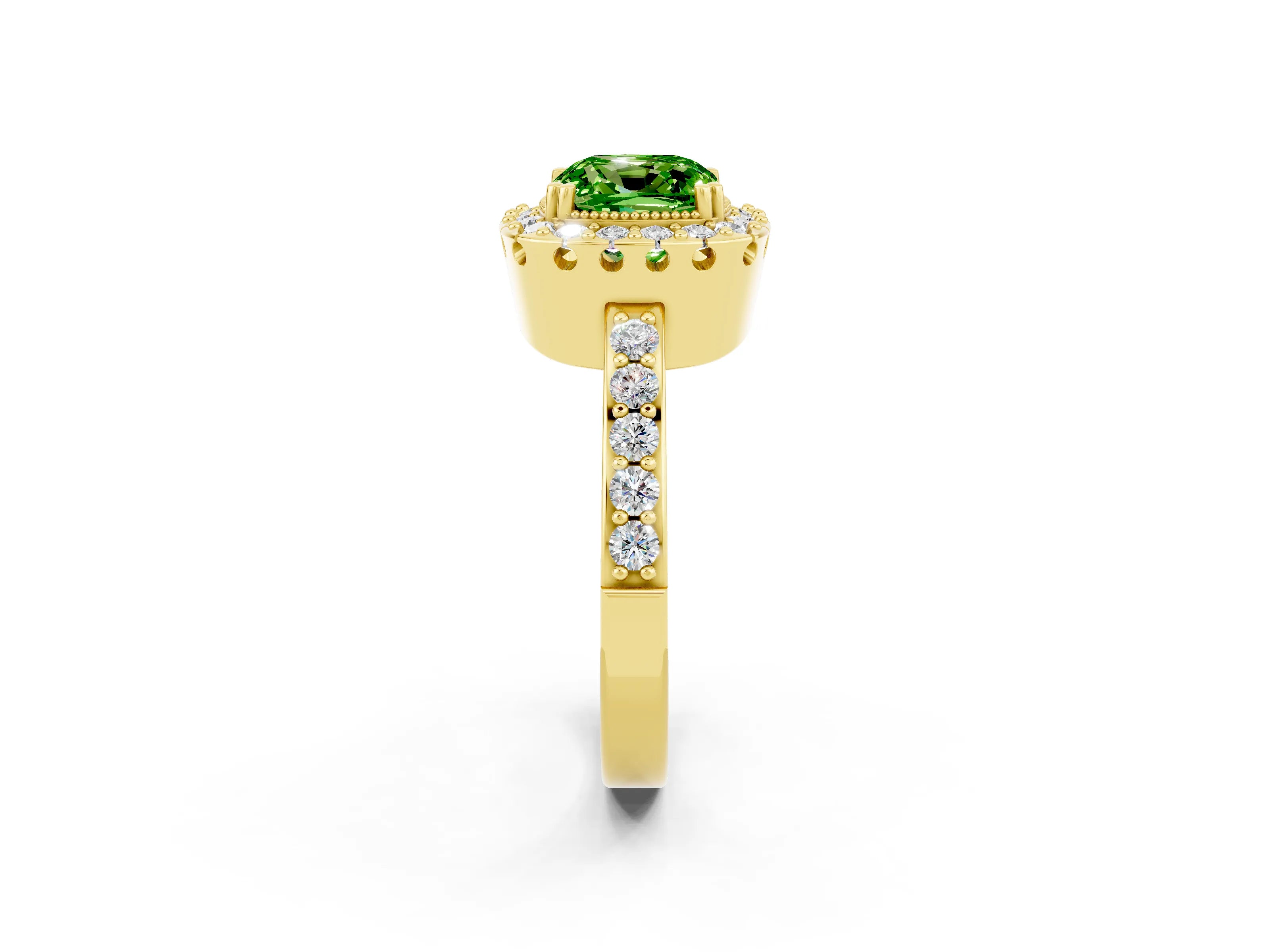 Yellow gold Cushion Cut Peridot Halo Ring with Pavé Band and Prong Setting_2
