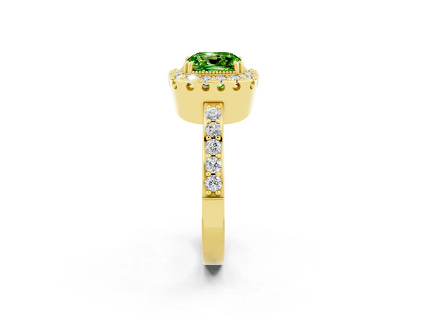 Yellow gold Cushion Cut Peridot Halo Ring with Pavé Band and Prong Setting