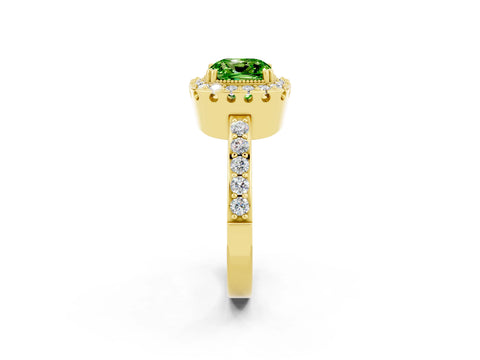 Yellow gold Cushion Cut Peridot Halo Ring with Pavé Band and Prong Setting_2