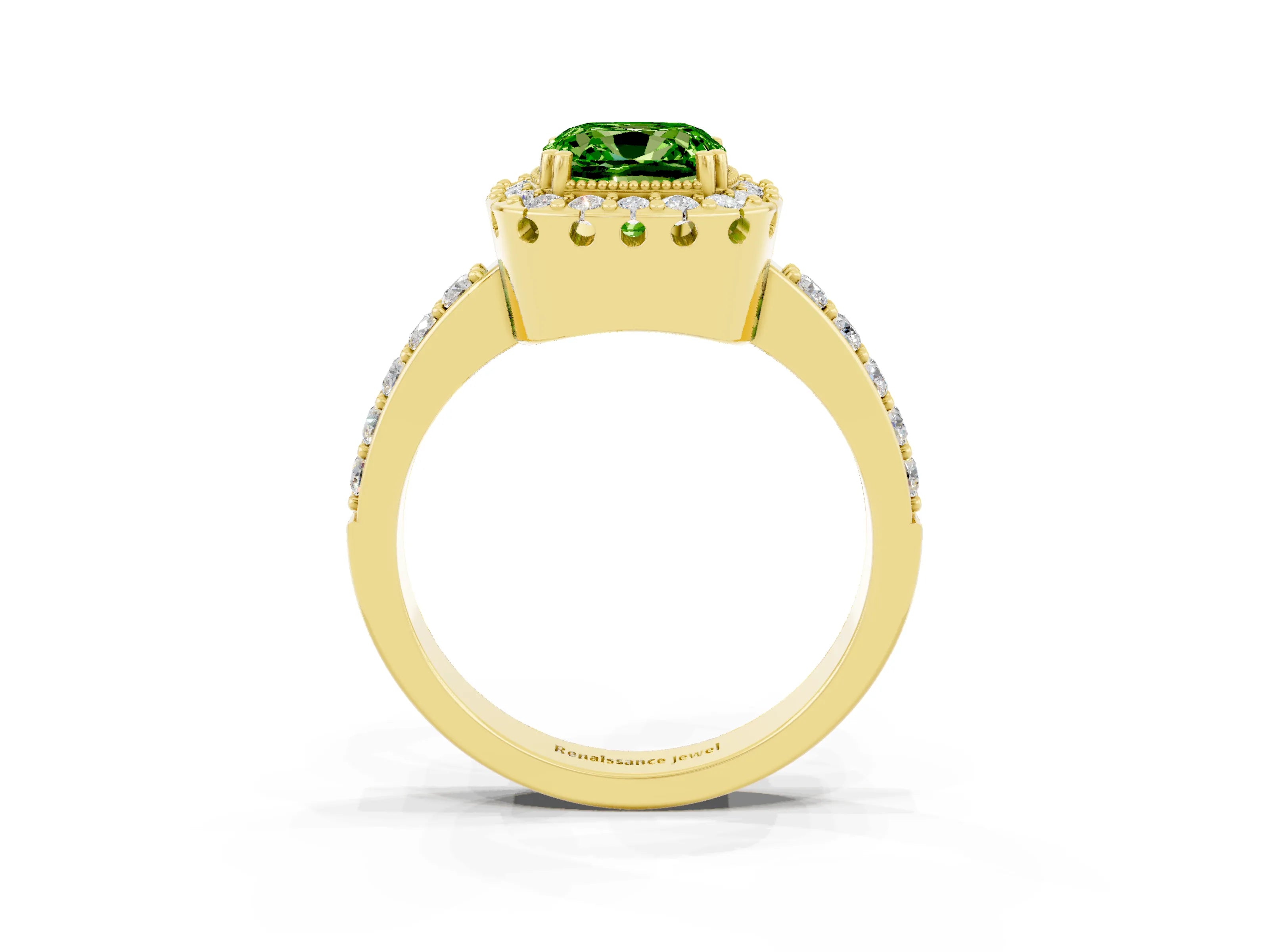 Yellow gold Cushion Cut Peridot Halo Ring with Pavé Band and Prong Setting_3