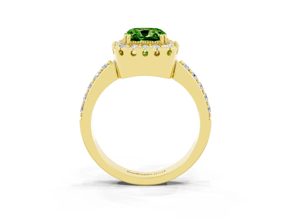 Yellow gold Cushion Cut Peridot Halo Ring with Pavé Band and Prong Setting