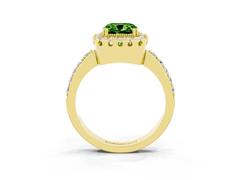 Yellow gold Cushion Cut Peridot Halo Ring with Pavé Band and Prong Setting_3