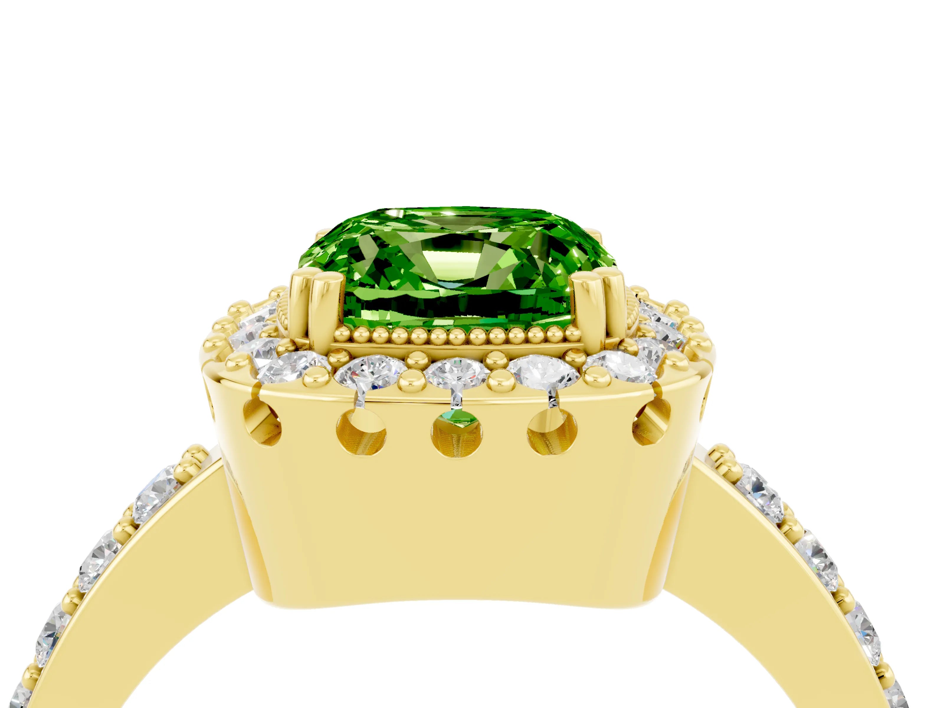 Yellow gold Cushion Cut Peridot Halo Ring with Pavé Band and Prong Setting_4