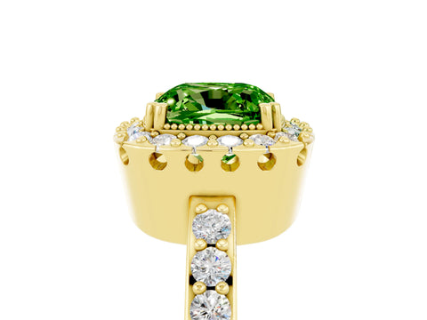 Yellow gold Cushion Cut Peridot Halo Ring with Pavé Band and Prong Setting_5