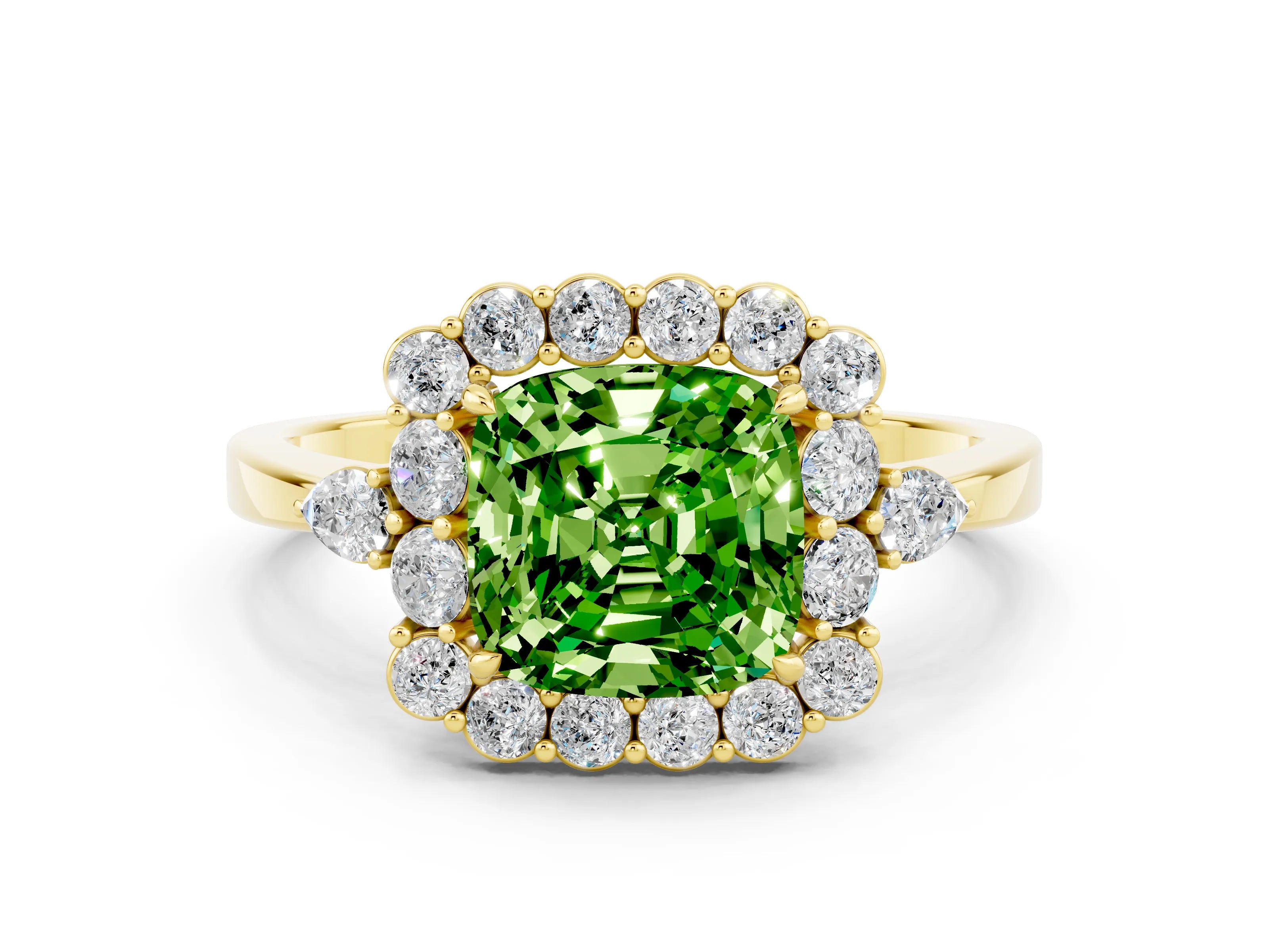 Yellow gold Cushion Cut Peridot Halo Ring with Pear Side Stones and Prong Setting_12