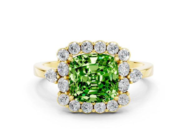 Yellow gold Cushion Cut Peridot Halo Ring with Pear Side Stones and Prong Setting