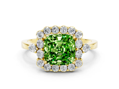 Yellow gold Cushion Cut Peridot Halo Ring with Pear Side Stones and Prong Setting_12