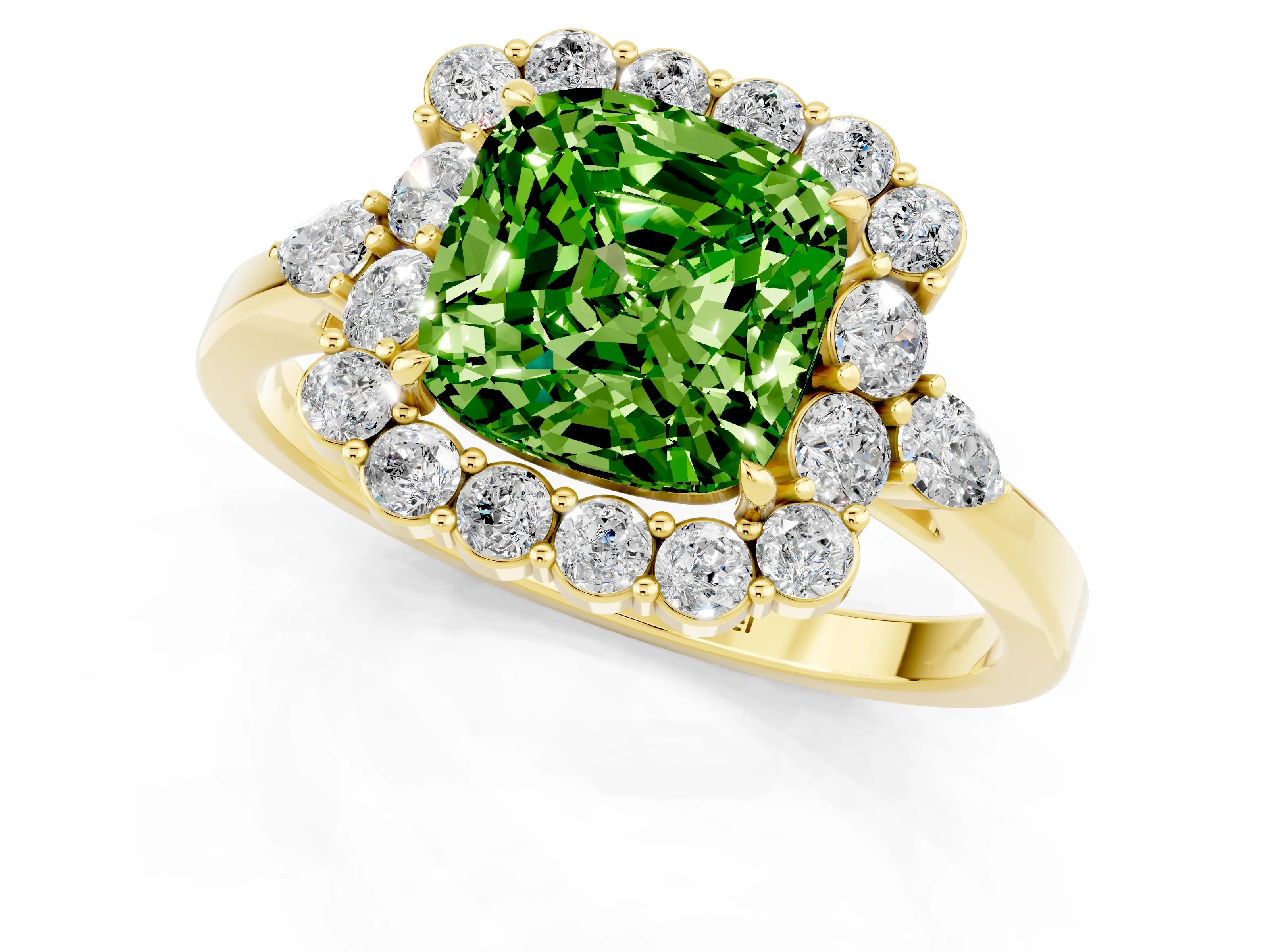 Yellow gold Cushion Cut Peridot Halo Ring with Pear Side Stones and Prong Setting_13