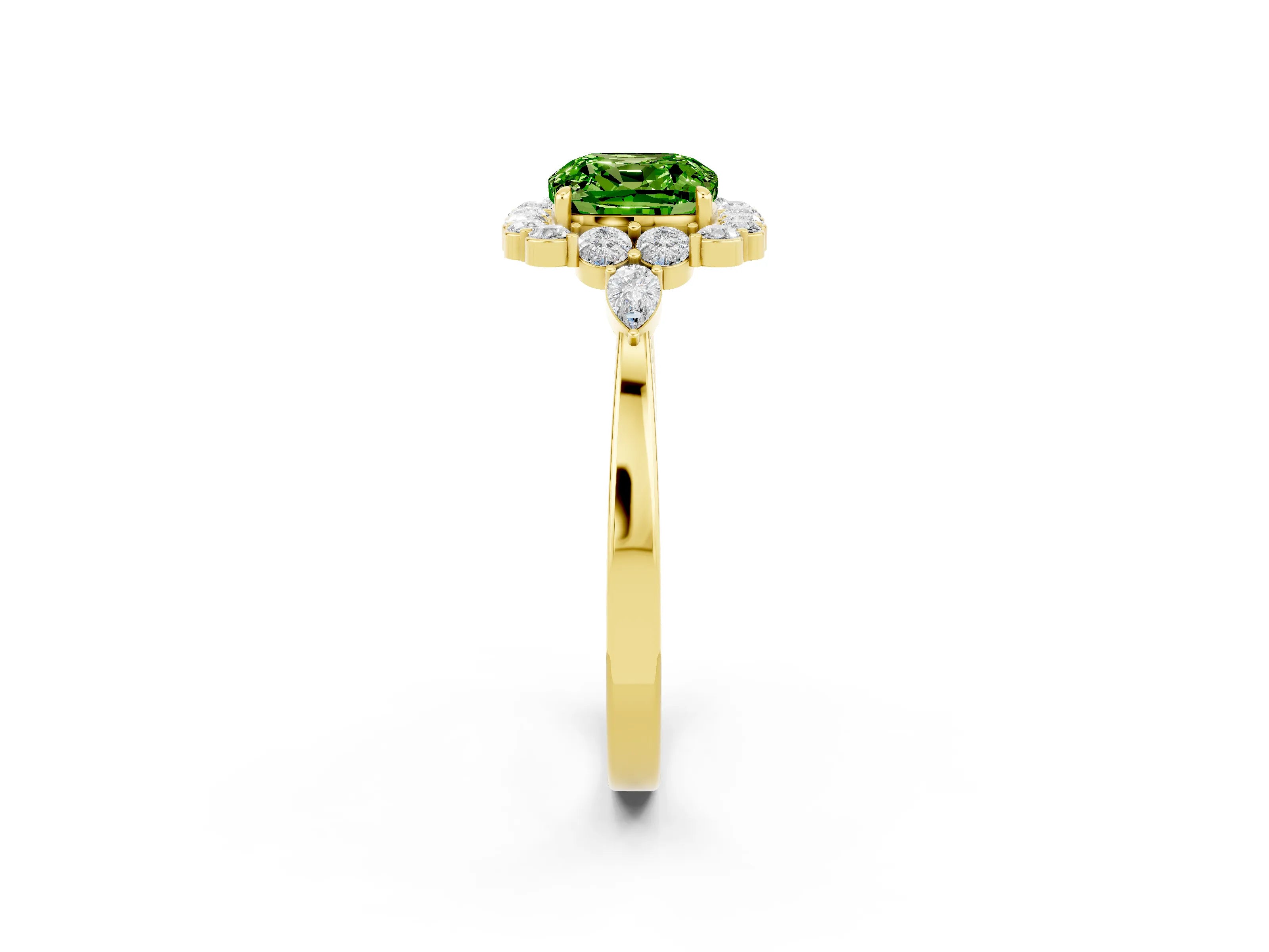 Yellow gold Cushion Cut Peridot Halo Ring with Pear Side Stones and Prong Setting_14