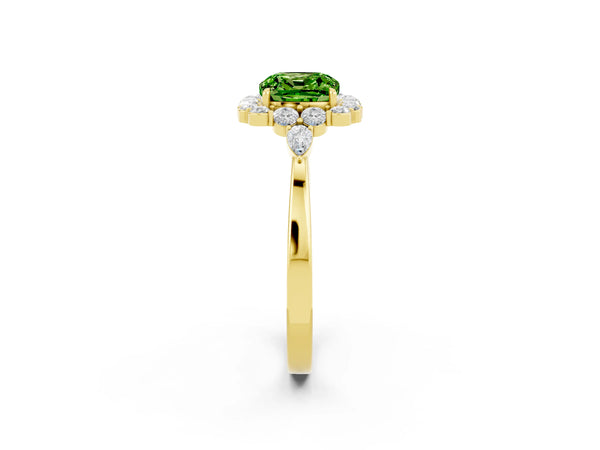 Yellow gold Cushion Cut Peridot Halo Ring with Pear Side Stones and Prong Setting