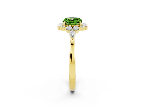 Yellow gold Cushion Cut Peridot Halo Ring with Pear Side Stones and Prong Setting_14