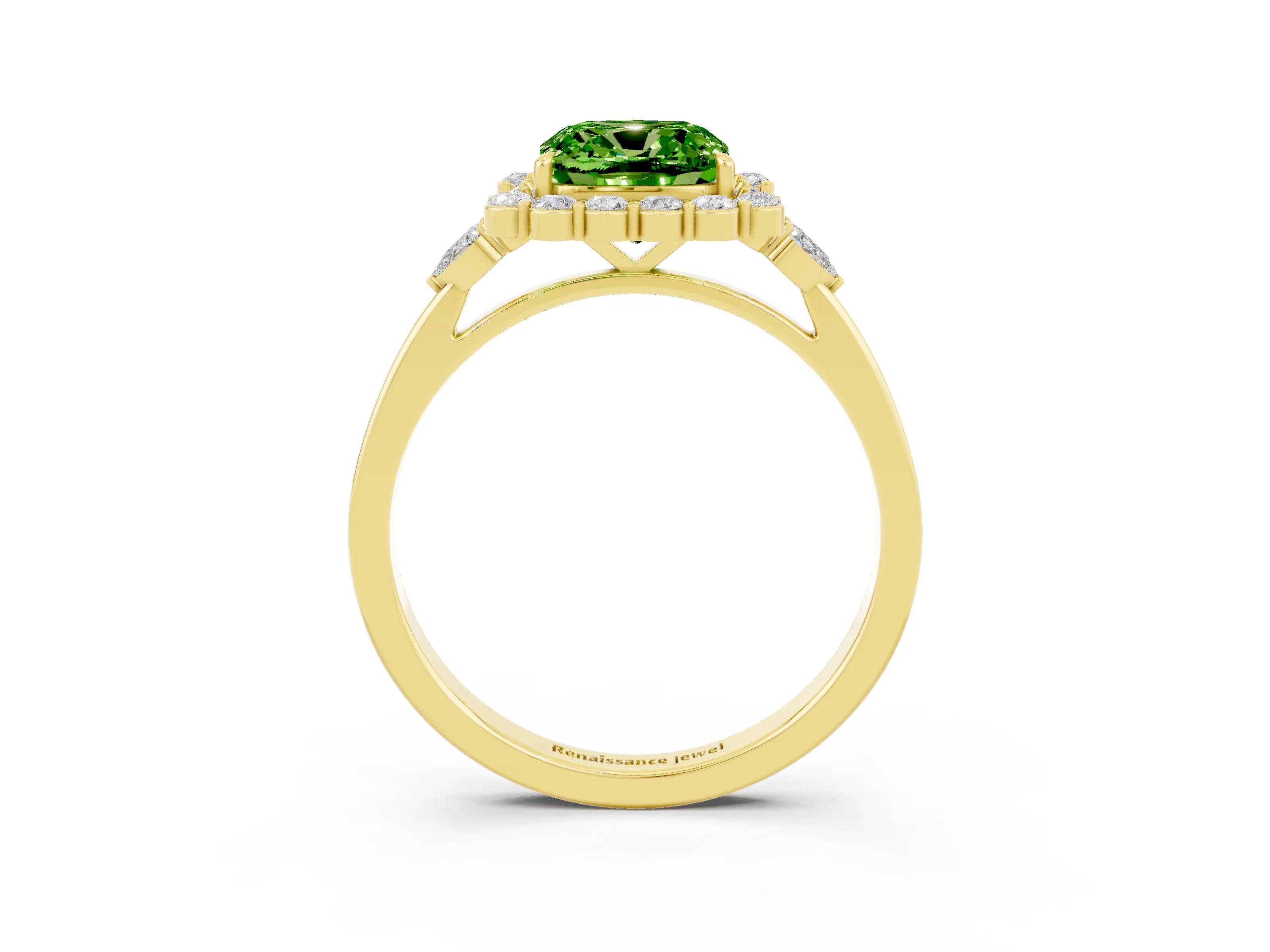 Yellow gold Cushion Cut Peridot Halo Ring with Pear Side Stones and Prong Setting_15