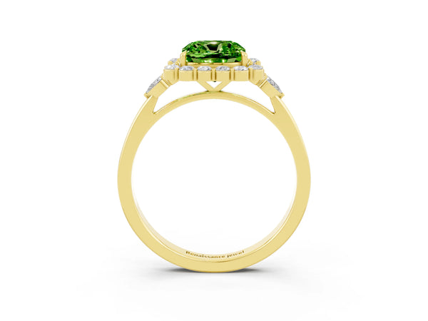 Yellow gold Cushion Cut Peridot Halo Ring with Pear Side Stones and Prong Setting