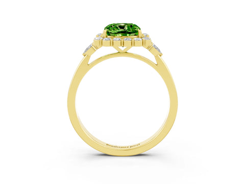 Yellow gold Cushion Cut Peridot Halo Ring with Pear Side Stones and Prong Setting_15