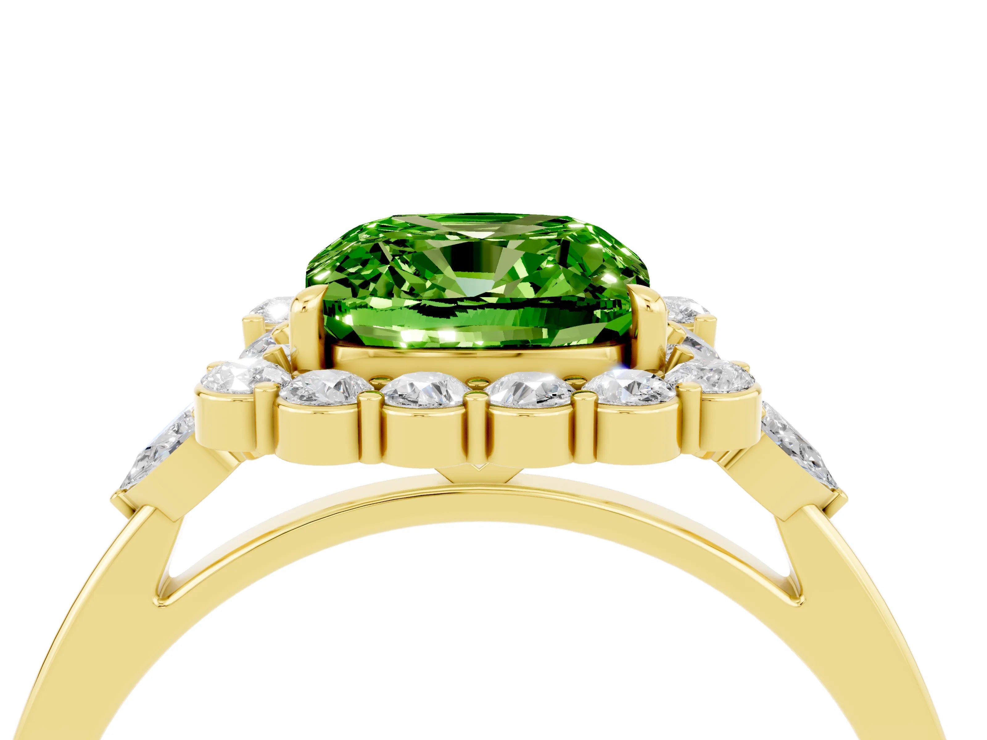 Yellow gold Cushion Cut Peridot Halo Ring with Pear Side Stones and Prong Setting_16