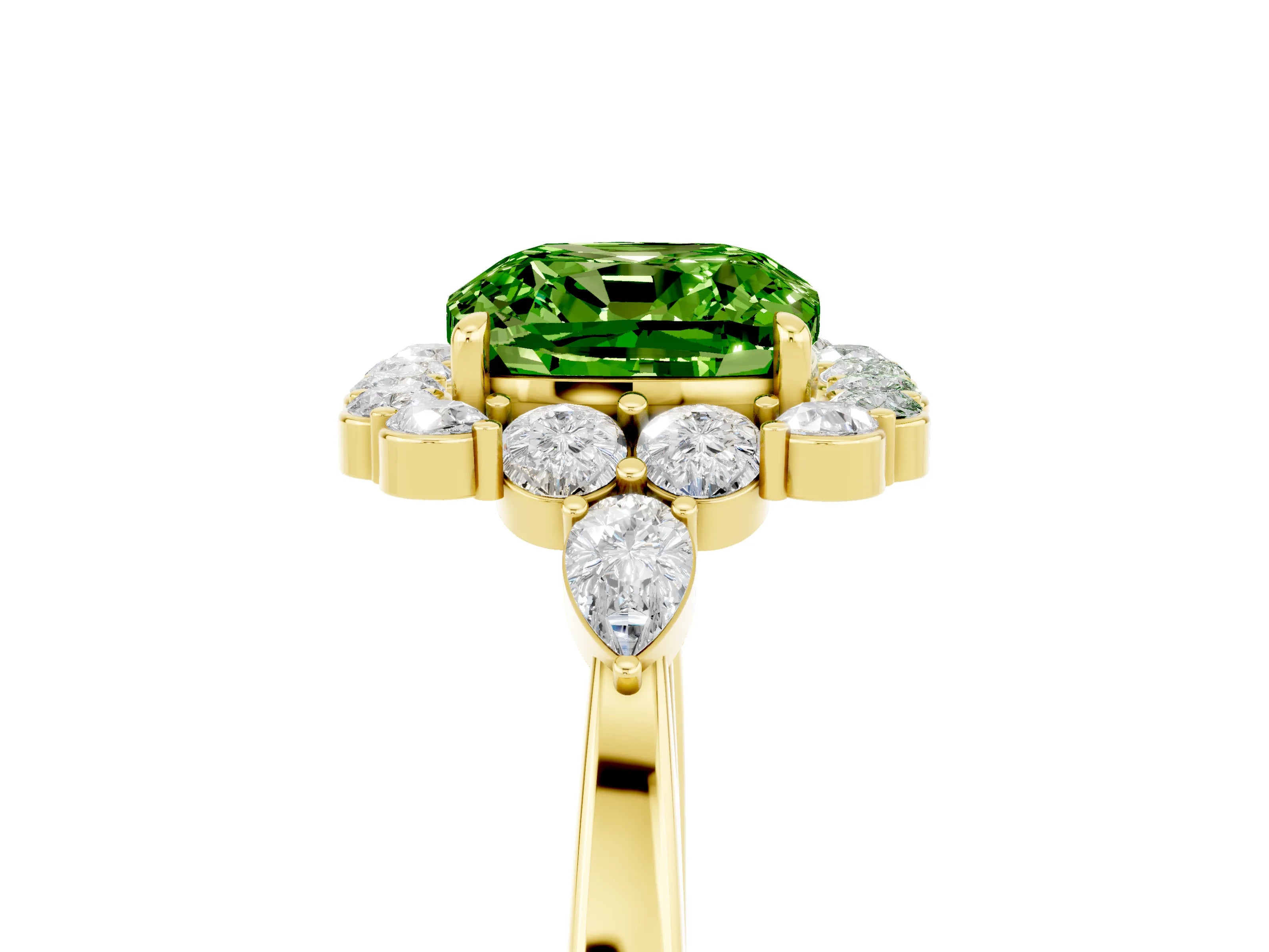 Yellow gold Cushion Cut Peridot Halo Ring with Pear Side Stones and Prong Setting_17