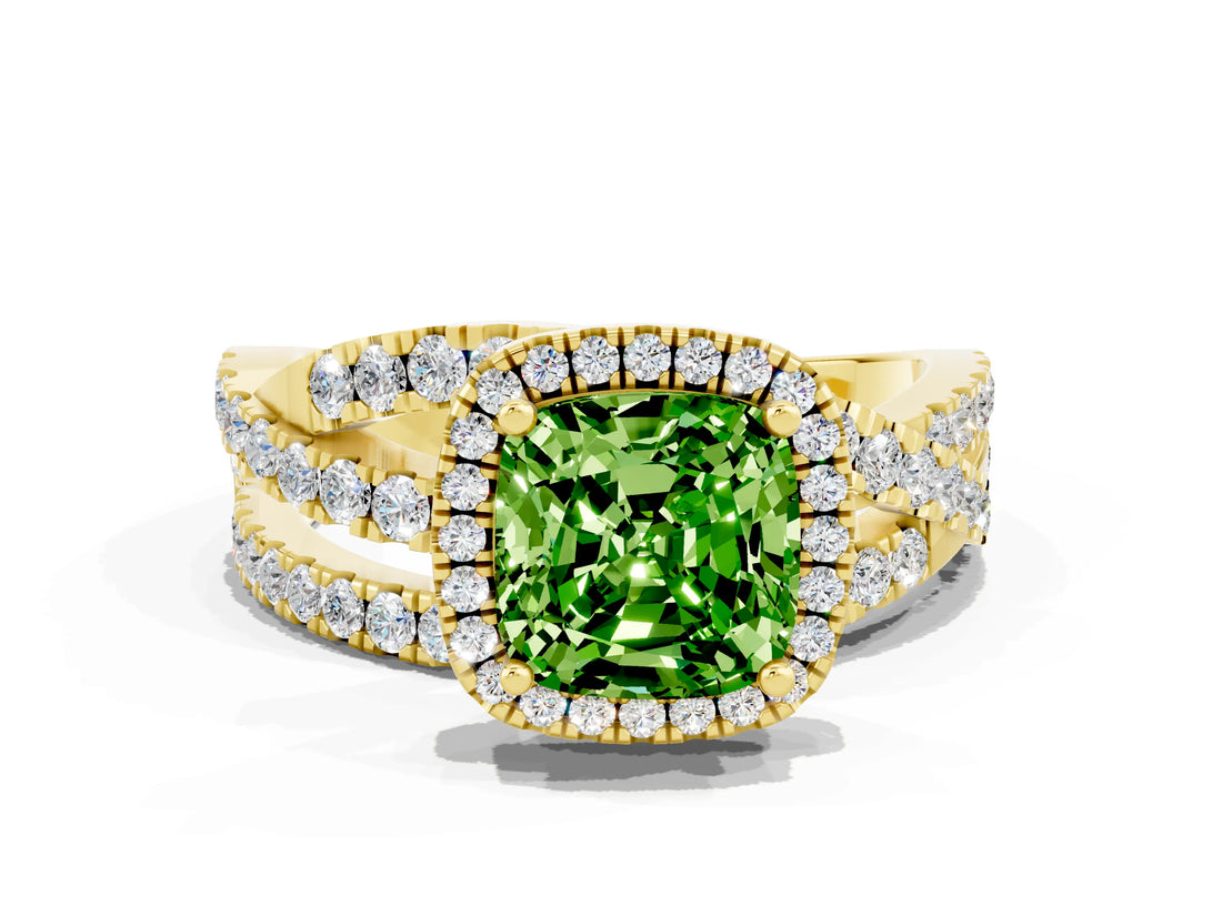 Yellow gold Cushion Cut Peridot Halo Ring with Round Split Shank and Prong Setting_48