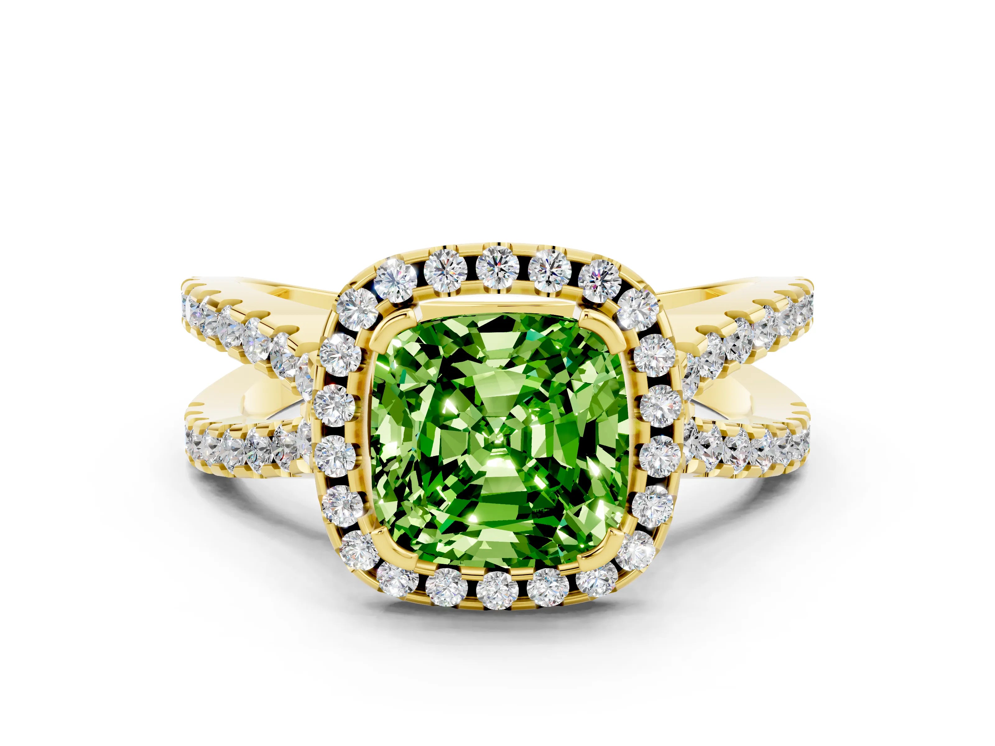 Yellow gold Cushion Cut Peridot Halo Ring with Split Shank Pavé Band and Prong Setting