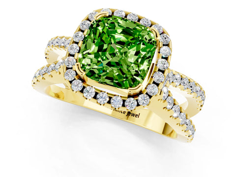 Yellow gold Cushion Cut Peridot Halo Ring with Split Shank Pavé Band and Prong Setting_1