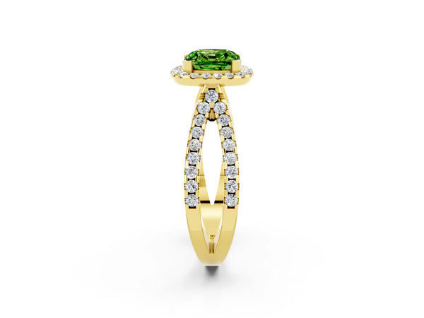 Yellow gold Cushion Cut Peridot Halo Ring with Split Shank Pavé Band and Prong Setting