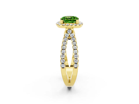 Yellow gold Cushion Cut Peridot Halo Ring with Split Shank Pavé Band and Prong Setting_2