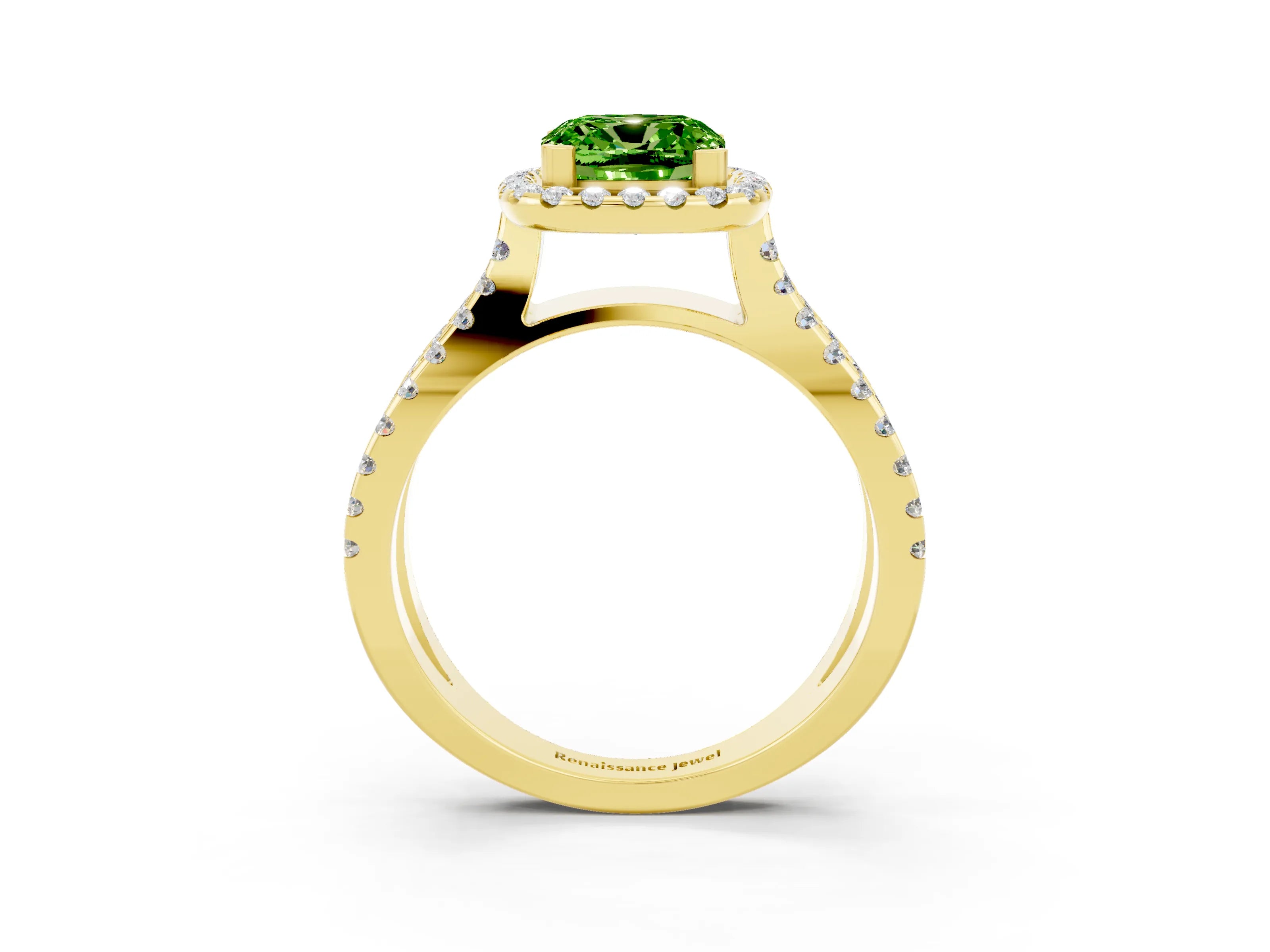 Yellow gold Cushion Cut Peridot Halo Ring with Split Shank Pavé Band and Prong Setting_3