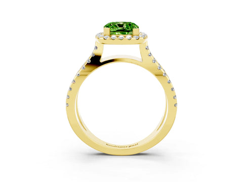 Yellow gold Cushion Cut Peridot Halo Ring with Split Shank Pavé Band and Prong Setting_3