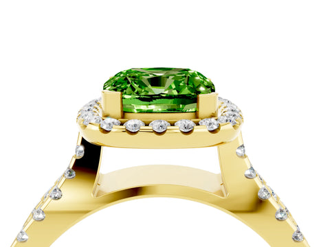 Yellow gold Cushion Cut Peridot Halo Ring with Split Shank Pavé Band and Prong Setting_4