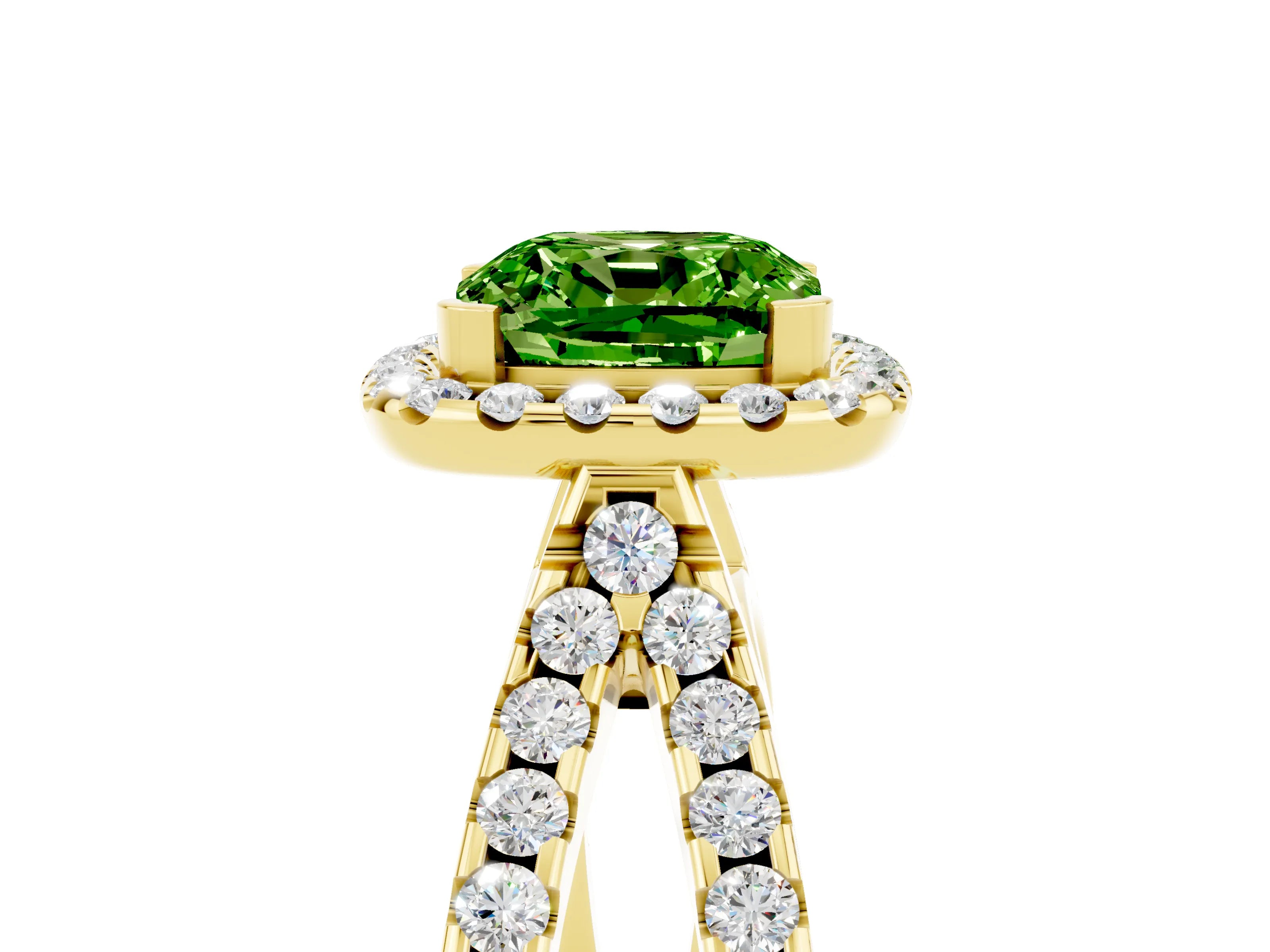 Yellow gold Cushion Cut Peridot Halo Ring with Split Shank Pavé Band and Prong Setting_5