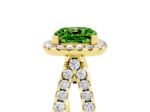Yellow gold Cushion Cut Peridot Halo Ring with Split Shank Pavé Band and Prong Setting_5