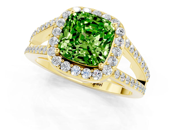 Yellow gold Cushion Cut Peridot Halo Ring with Split Shank U-Prong Band and Four-Prong Setting