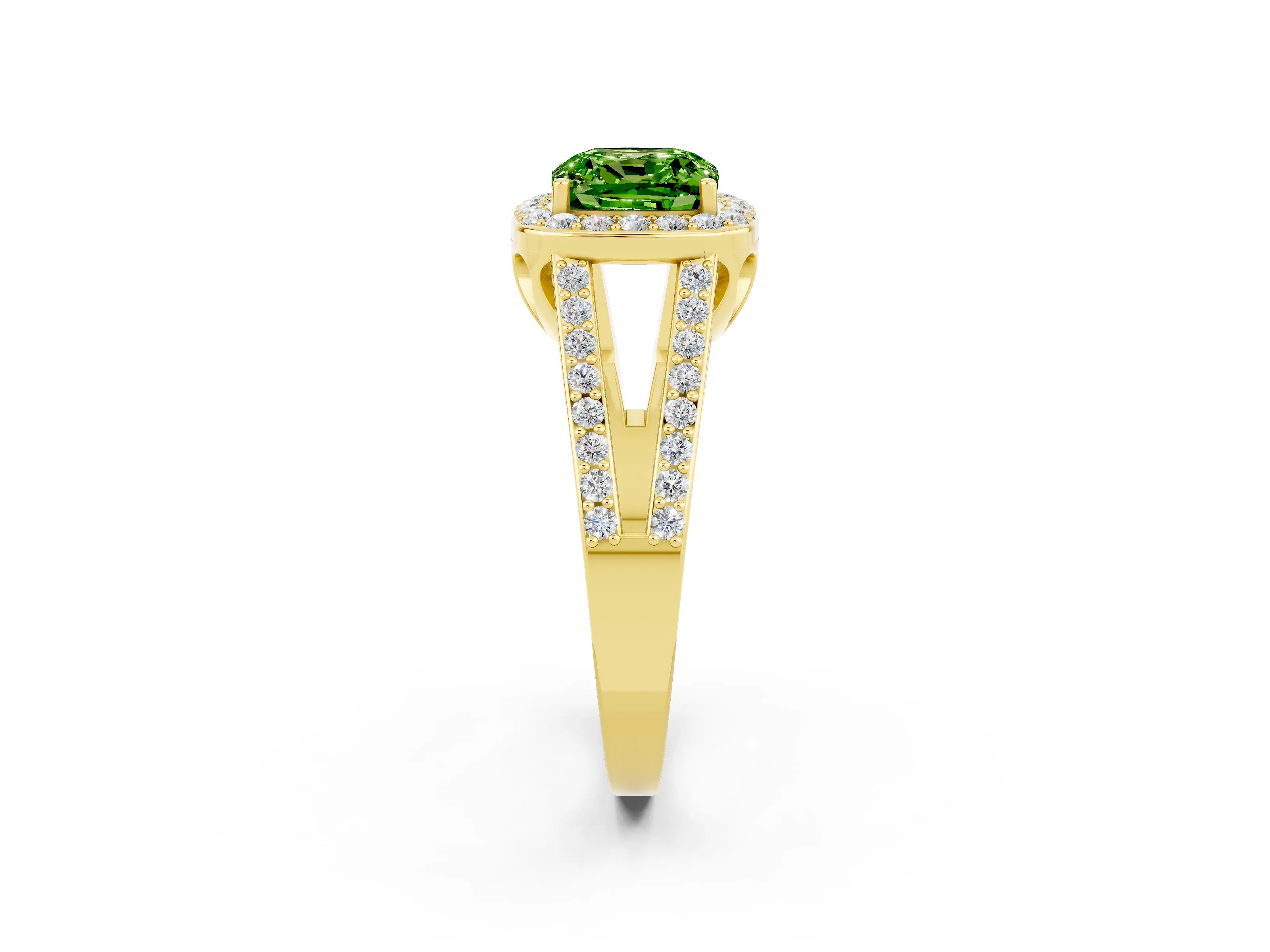 Yellow gold Cushion Cut Peridot Halo Ring with Split Shank U-Prong Band and Four-Prong Setting_2