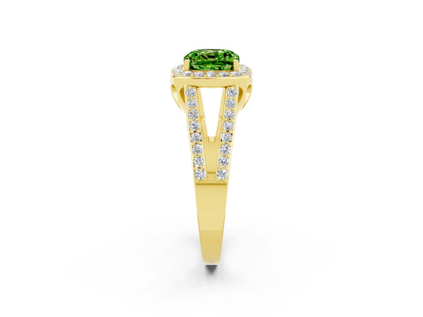 Yellow gold Cushion Cut Peridot Halo Ring with Split Shank U-Prong Band and Four-Prong Setting