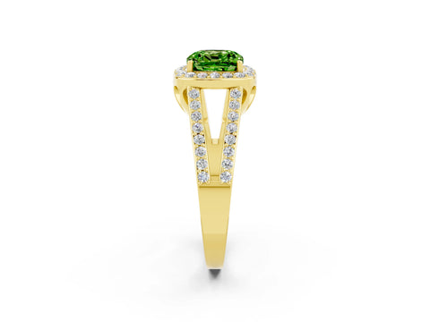 Yellow gold Cushion Cut Peridot Halo Ring with Split Shank U-Prong Band and Four-Prong Setting_2