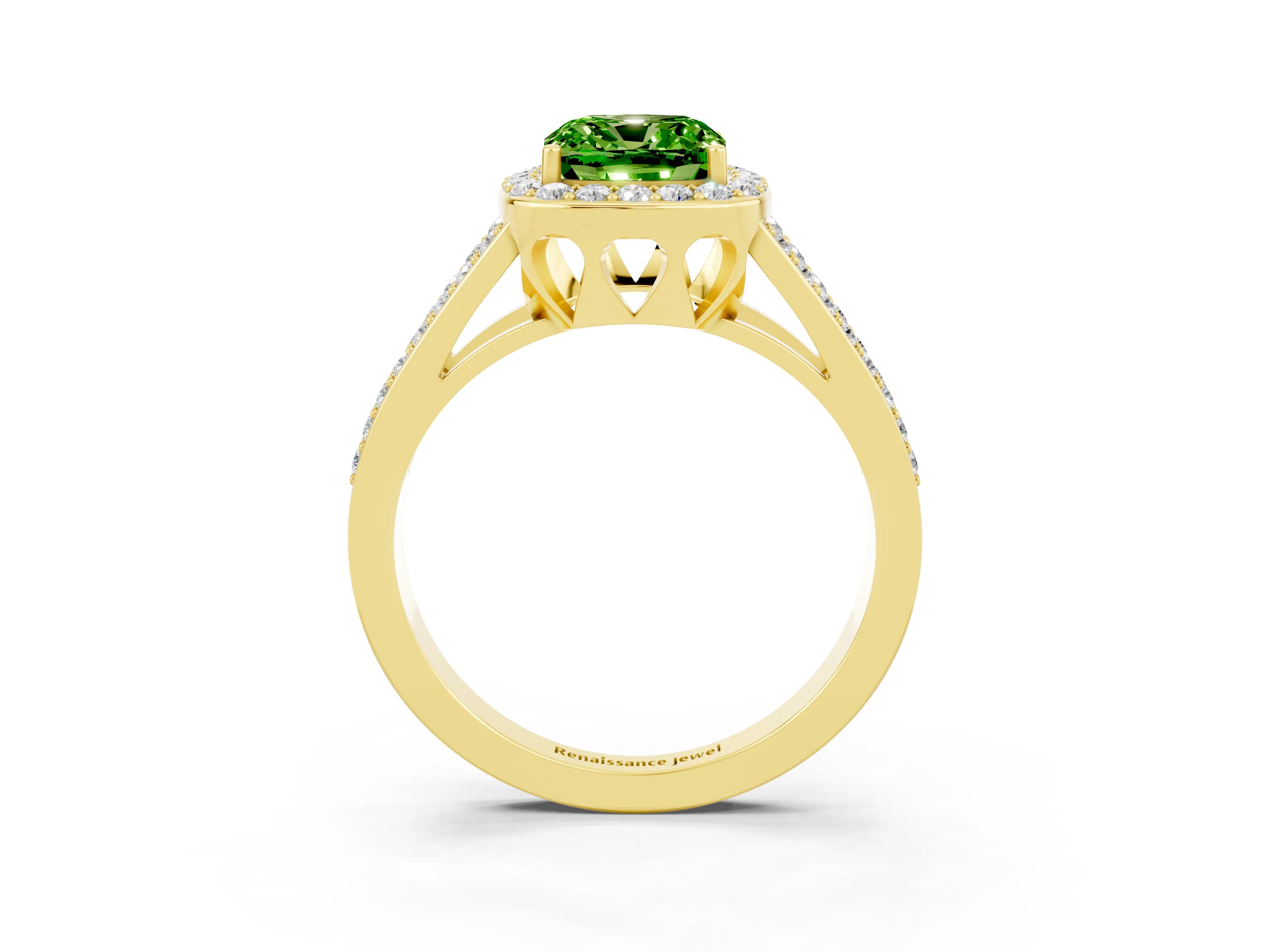 Yellow gold Cushion Cut Peridot Halo Ring with Split Shank U-Prong Band and Four-Prong Setting_3