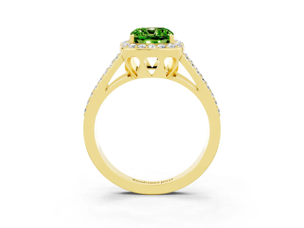 Yellow gold Cushion Cut Peridot Halo Ring with Split Shank U-Prong Band and Four-Prong Setting