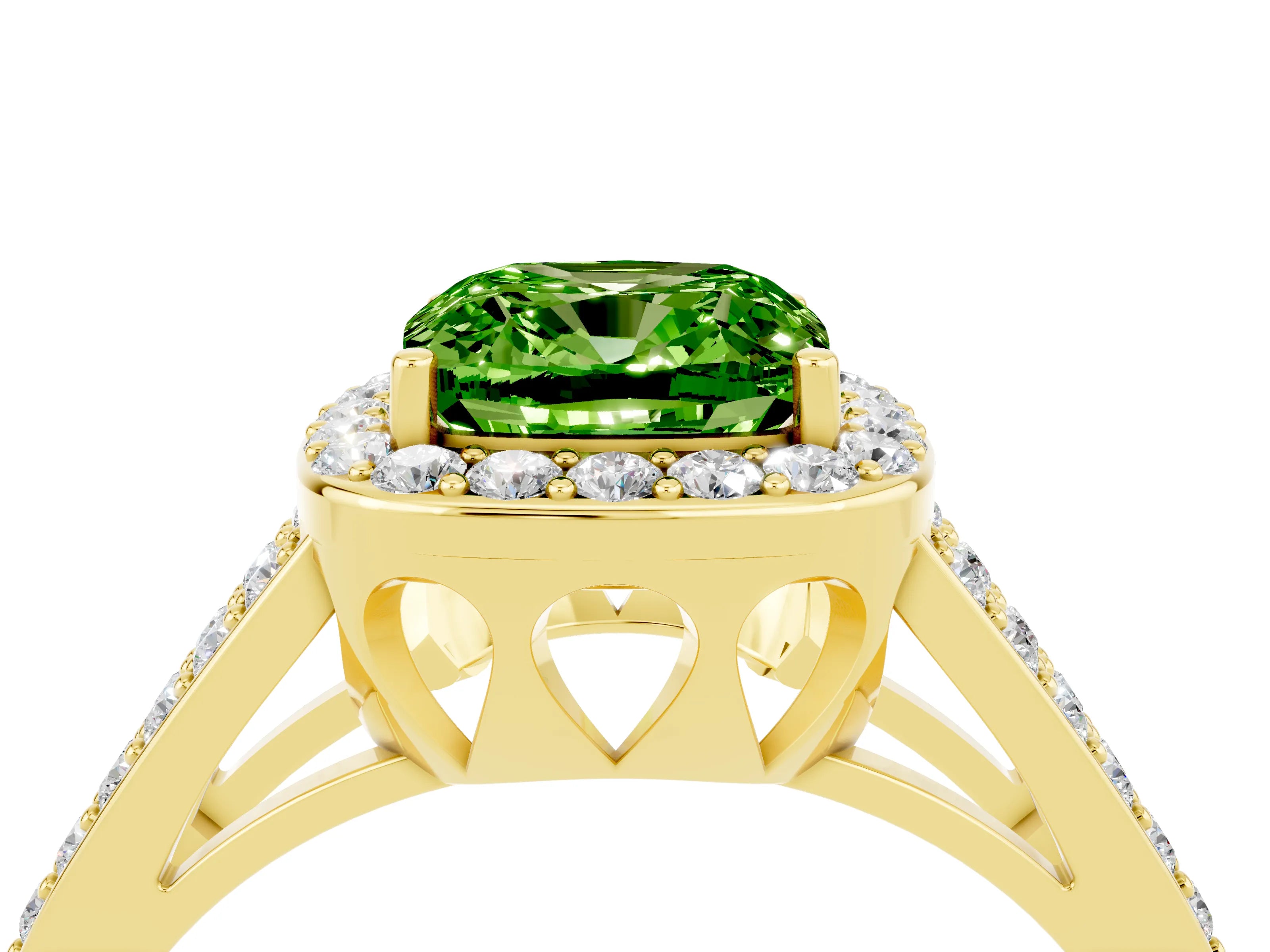 Yellow gold Cushion Cut Peridot Halo Ring with Split Shank U-Prong Band and Four-Prong Setting_4
