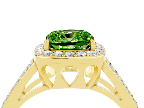 Yellow gold Cushion Cut Peridot Halo Ring with Split Shank U-Prong Band and Four-Prong Setting_4