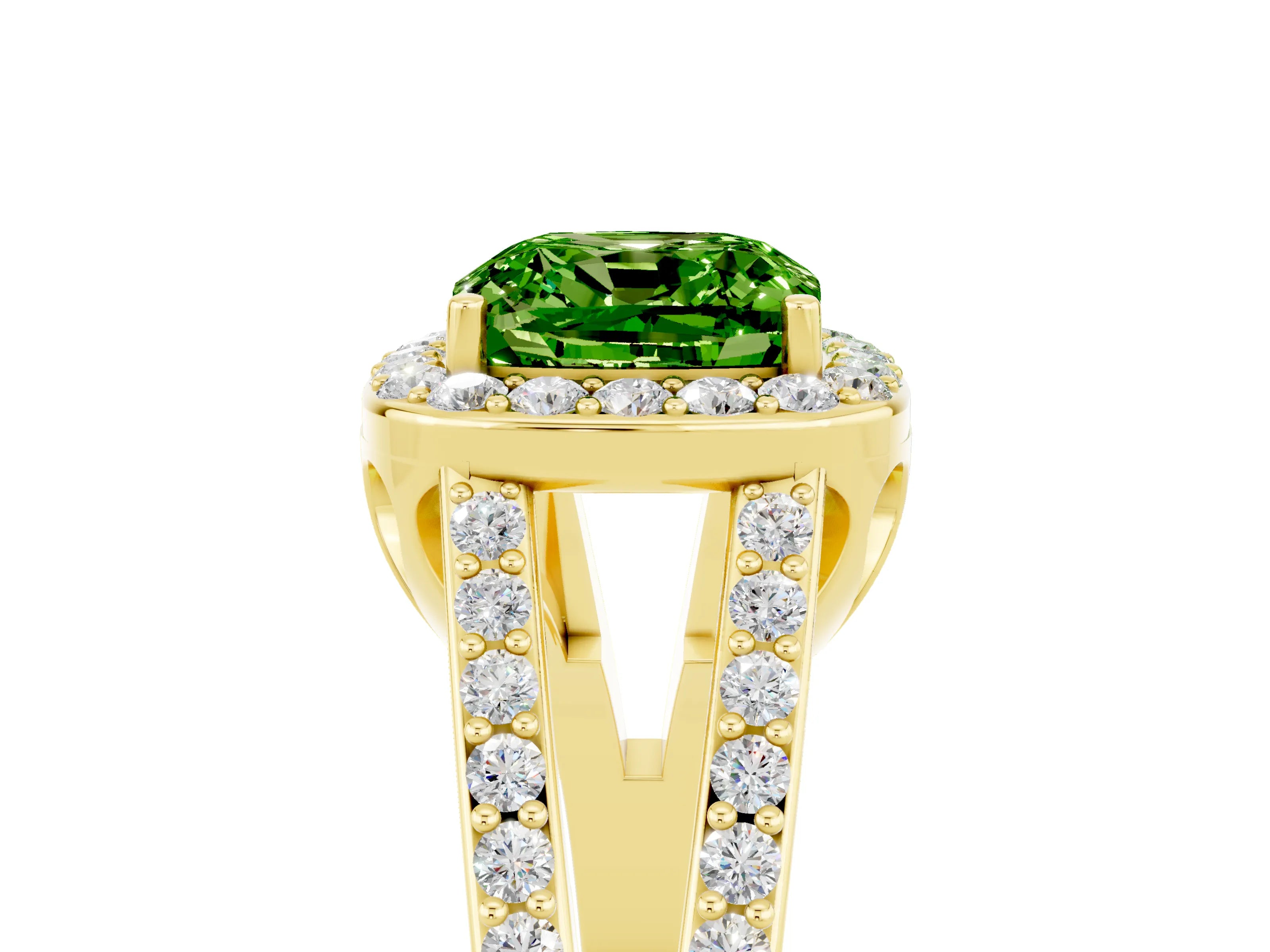 Yellow gold Cushion Cut Peridot Halo Ring with Split Shank U-Prong Band and Four-Prong Setting_5