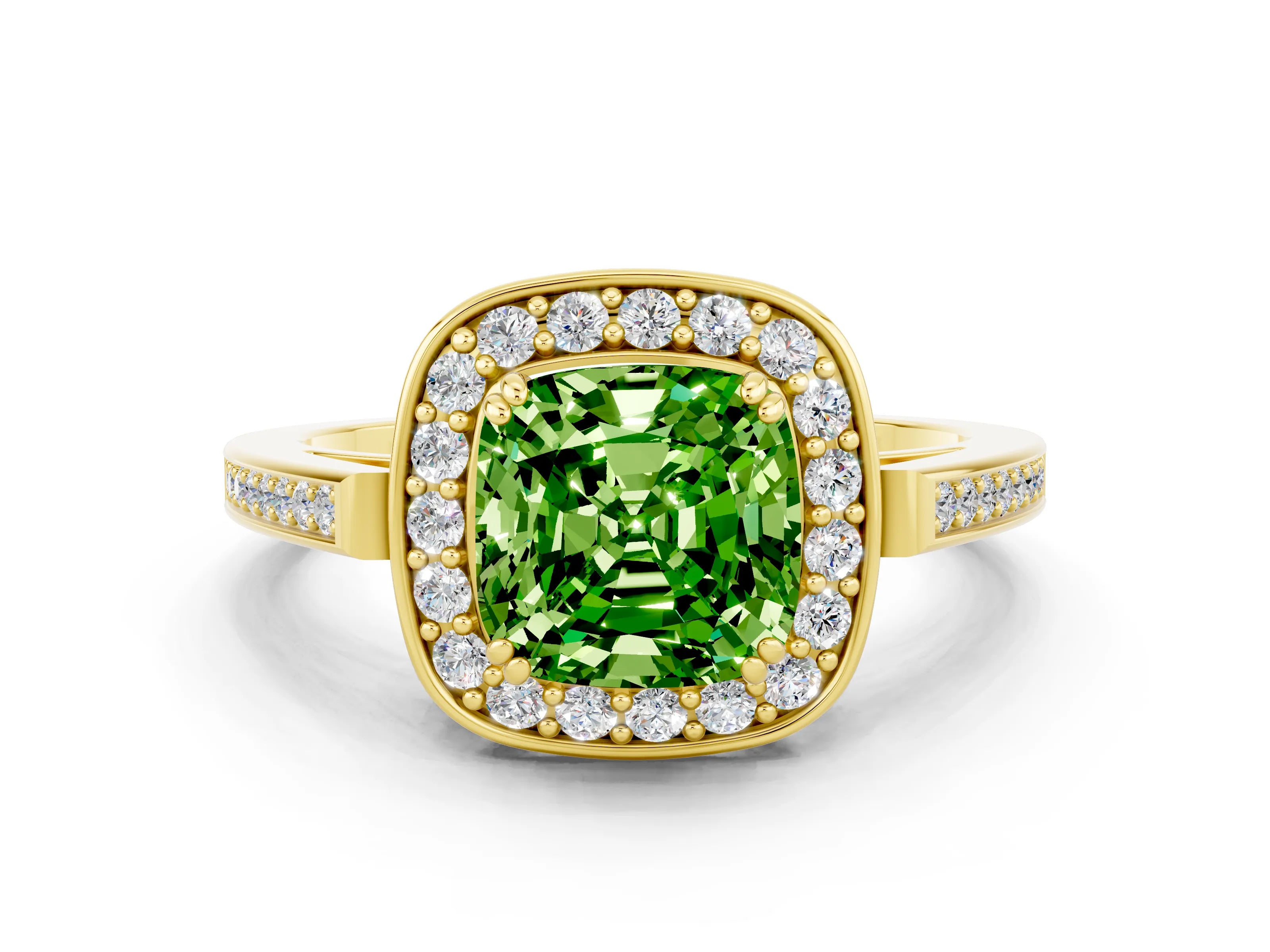 Yellow gold Cushion Cut Peridot Halo Ring with Split Shank and Four-Prong Setting_22