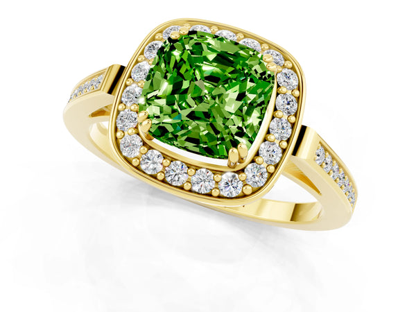Yellow gold Cushion Cut Peridot Halo Ring with Split Shank and Four-Prong Setting