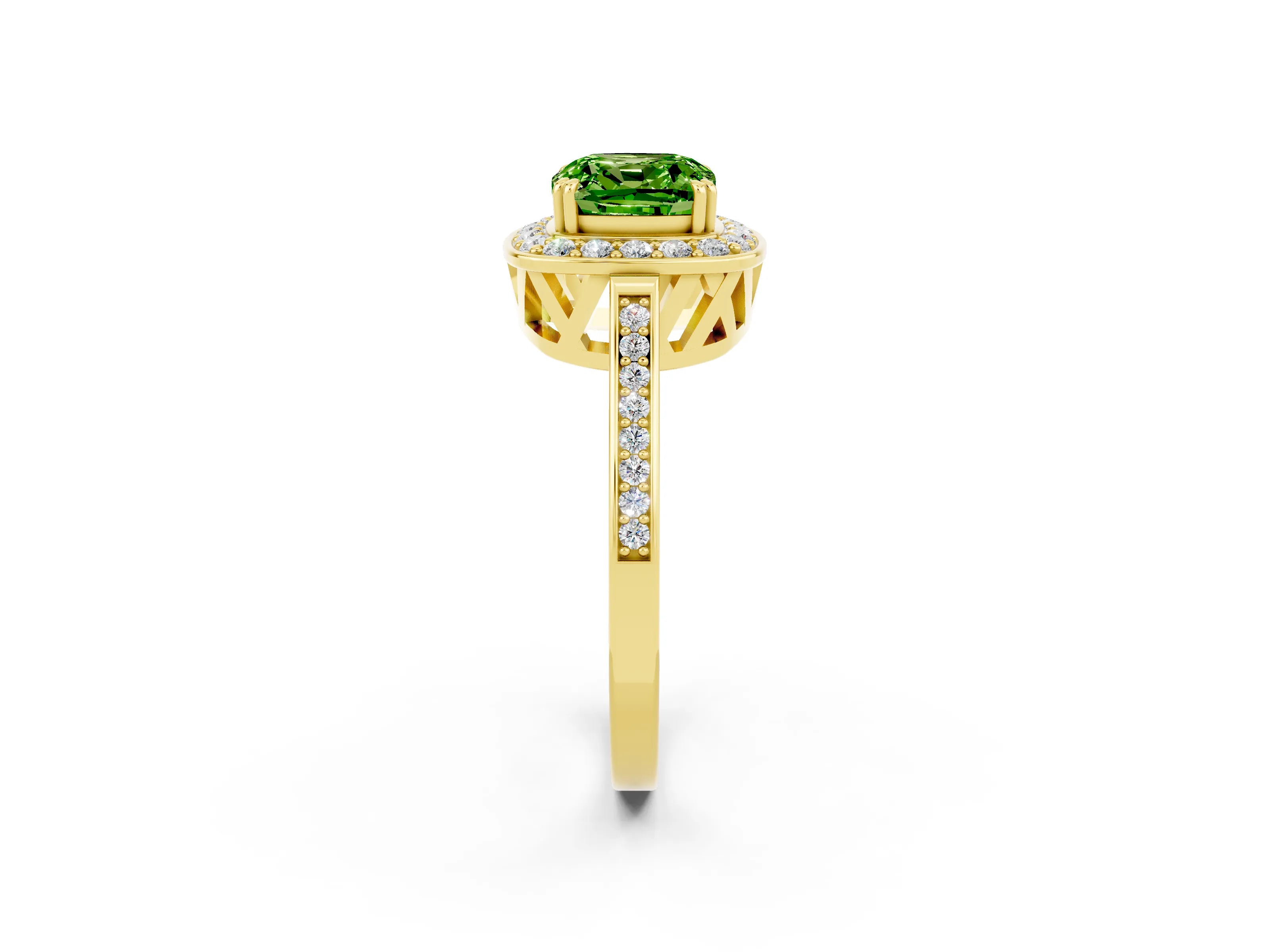 Yellow gold Cushion Cut Peridot Halo Ring with Split Shank and Four-Prong Setting_24