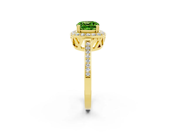 Yellow gold Cushion Cut Peridot Halo Ring with Split Shank and Four-Prong Setting
