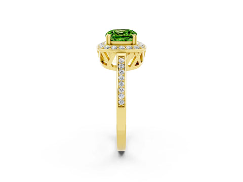 Yellow gold Cushion Cut Peridot Halo Ring with Split Shank and Four-Prong Setting_24