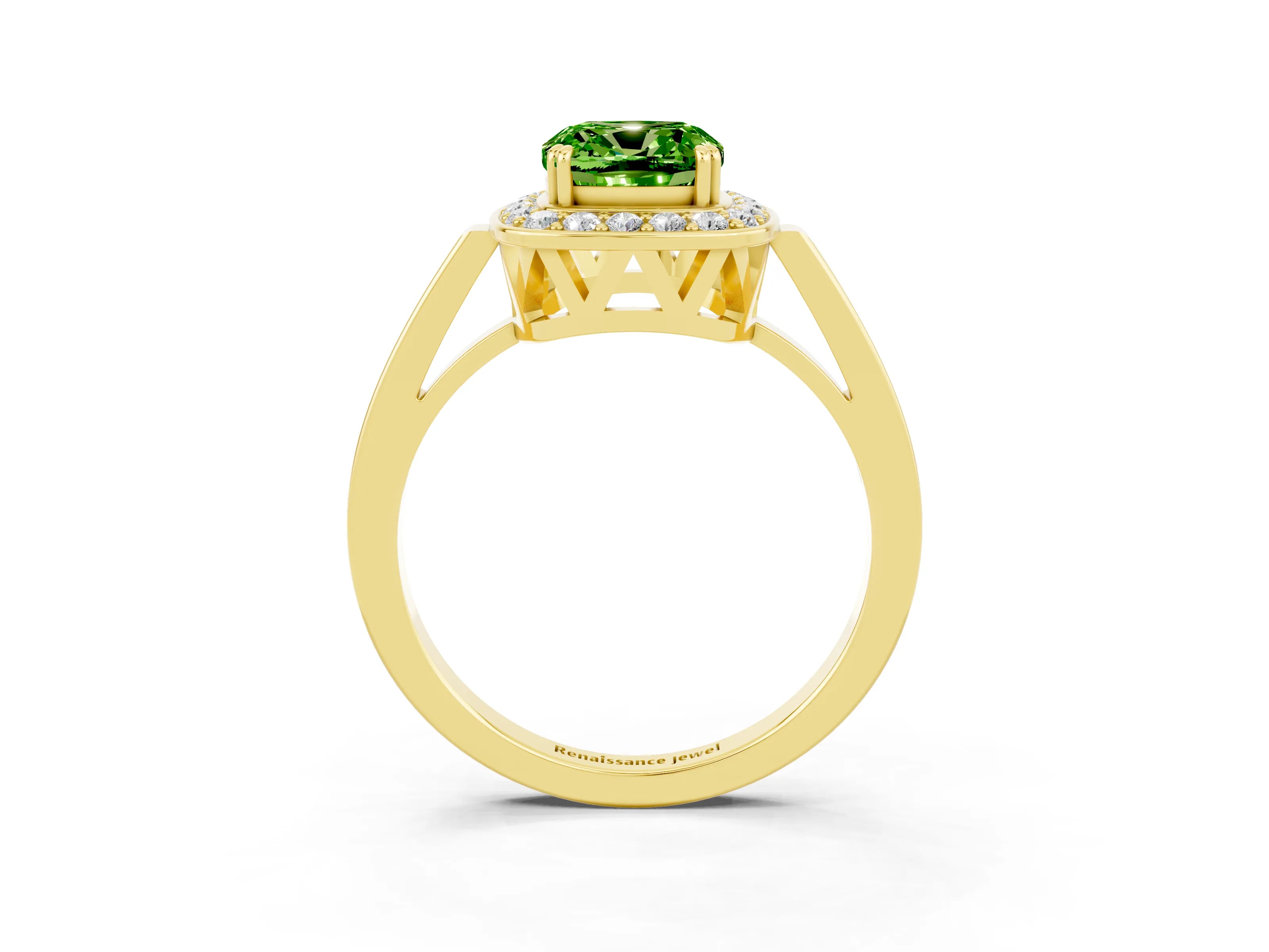 Yellow gold Cushion Cut Peridot Halo Ring with Split Shank and Four-Prong Setting_25