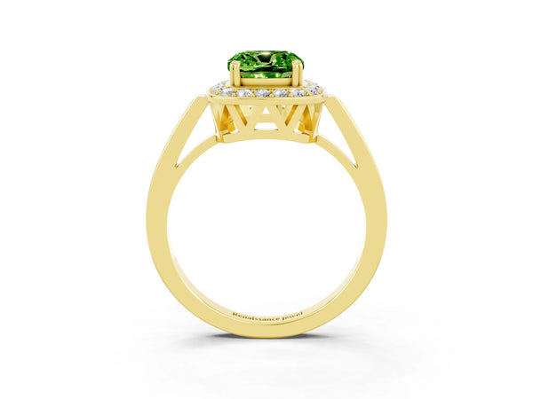 Yellow gold Cushion Cut Peridot Halo Ring with Split Shank and Four-Prong Setting