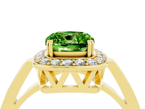 Yellow gold Cushion Cut Peridot Halo Ring with Split Shank and Four-Prong Setting_26