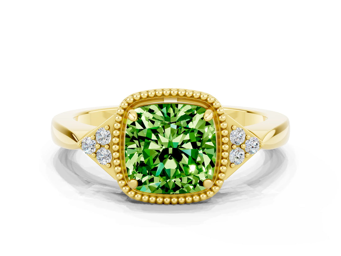 Yellow gold Cushion Cut Peridot Halo Ring with Tapered Band and Four-Prong Setting